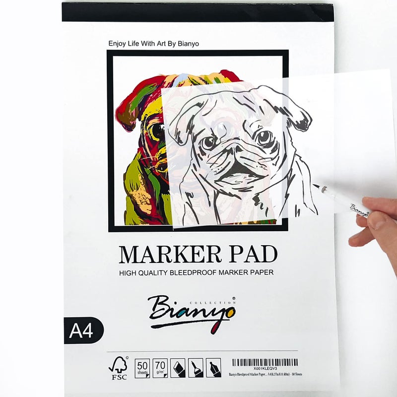 Bianyo Bleedproof Marker Paper Pad, A4(8.27""X11.69""), 50 Sheets/Pad, Pack of 2 Pads, 18 LB / 70 GSM, Glue-Bound, 100% Cotton, White, Ideal for Use with Markers and Ink Mediums - Image 5